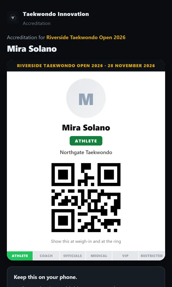 Athlete accreditation card with QR code