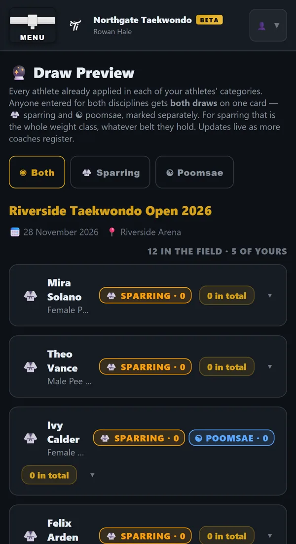 Draw Preview screen listing the athletes entered in each category