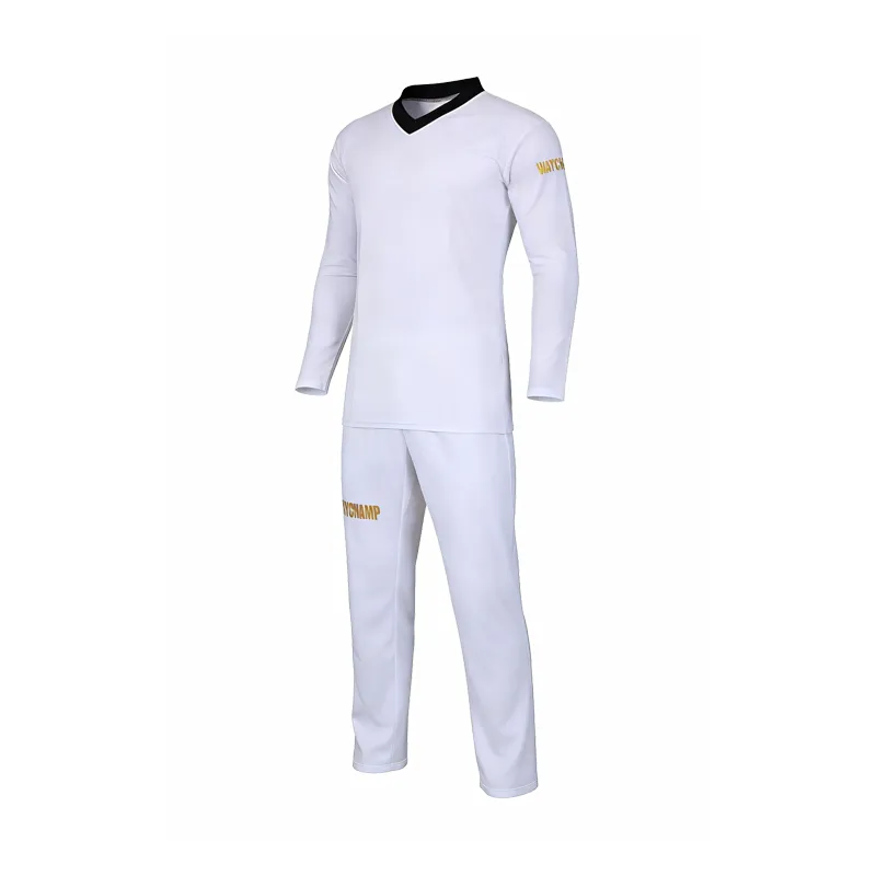 WayChamp sparring dobok, white with black V-neck and gold logos